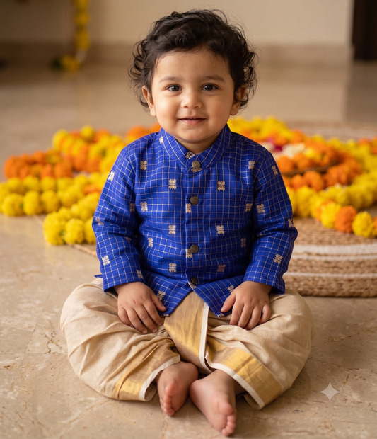 Royal blue with gold reshme chowka Kurta Dhoti for baby boy - Festive Collection