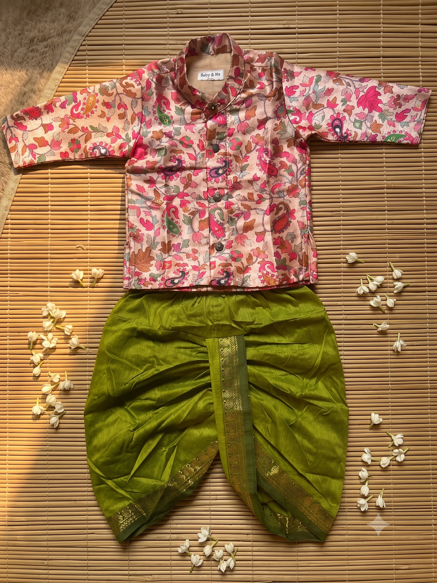 Traditional Indian Multi floral Autumn kurta with parrot green dhoti baby boy ethnic wear