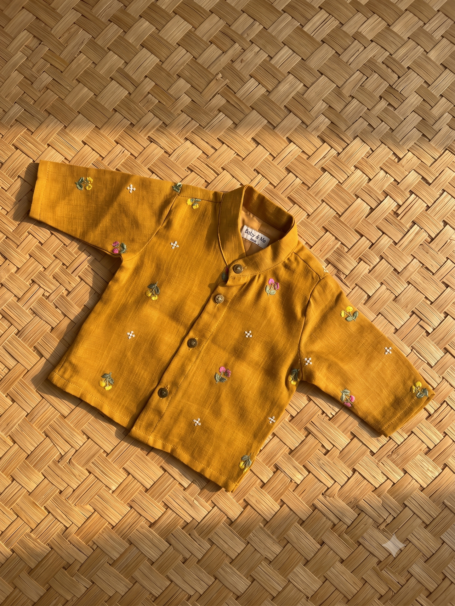 Mustard yellow linen Kurta for baby boy ethnic top wear