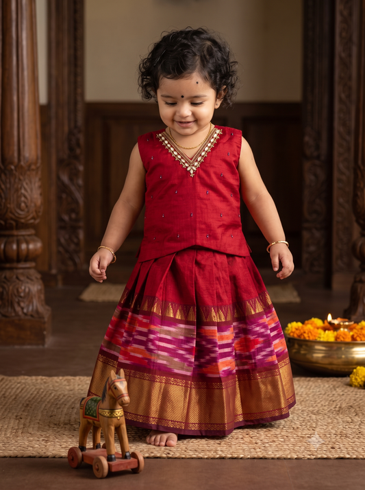 ಕೆಂಪು (Red) kanchi silk cotton sleeveless heritage langa blouse for baby girl