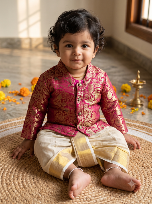 Wine green banarasi royal kurta with traditional gold dhoti ethnic wear for baby boy