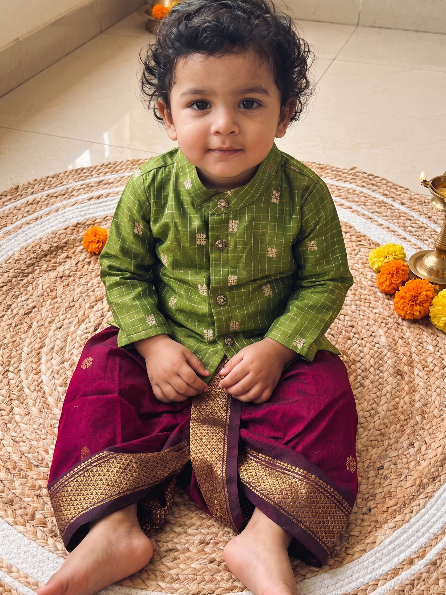Reshme Chowka and maroon Kurta Dhoti for baby boy - Festive Collection