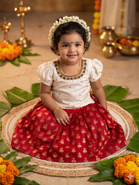 White embroided blouse and Red langa south indian ethnic wear