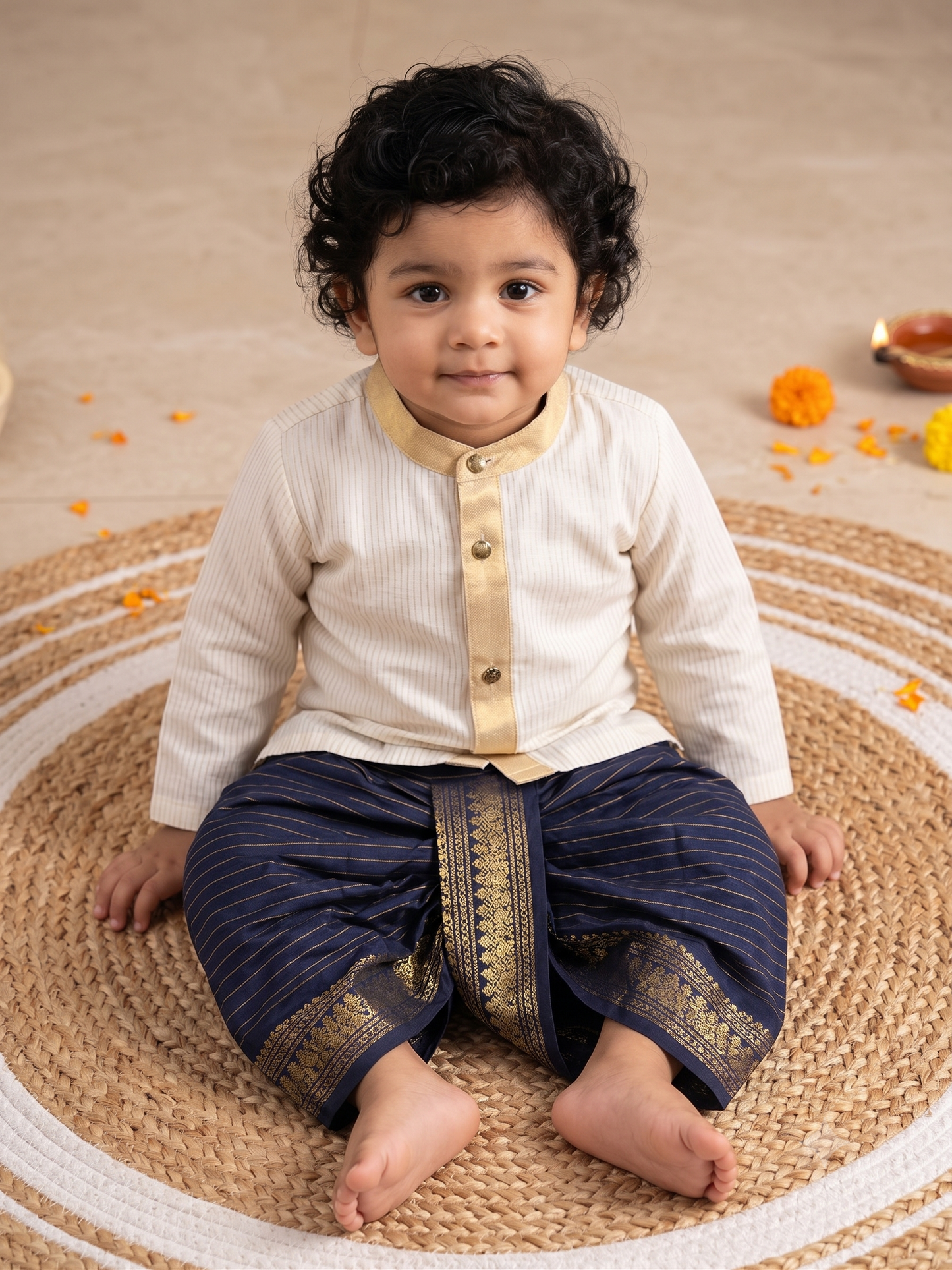 White with gold Kurta and navy blue stripe Dhoti for baby boy