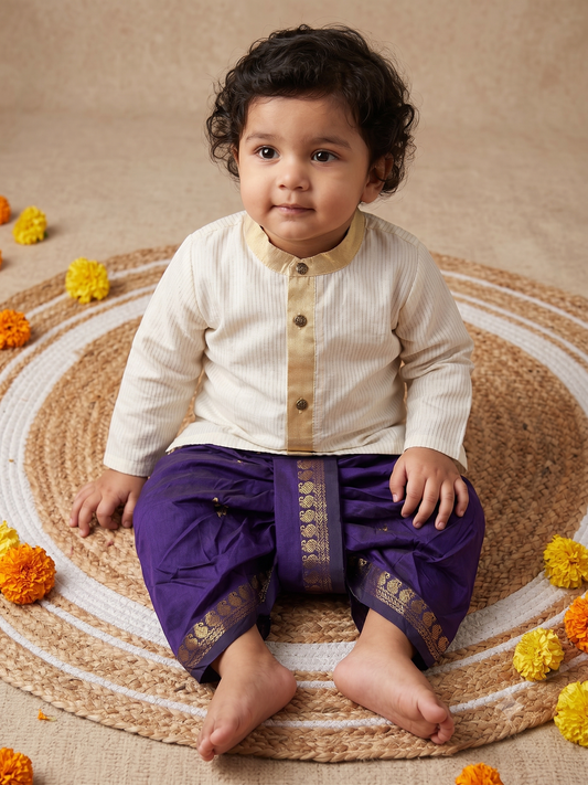 White with gold Kurta and purple Dhoti for baby boy