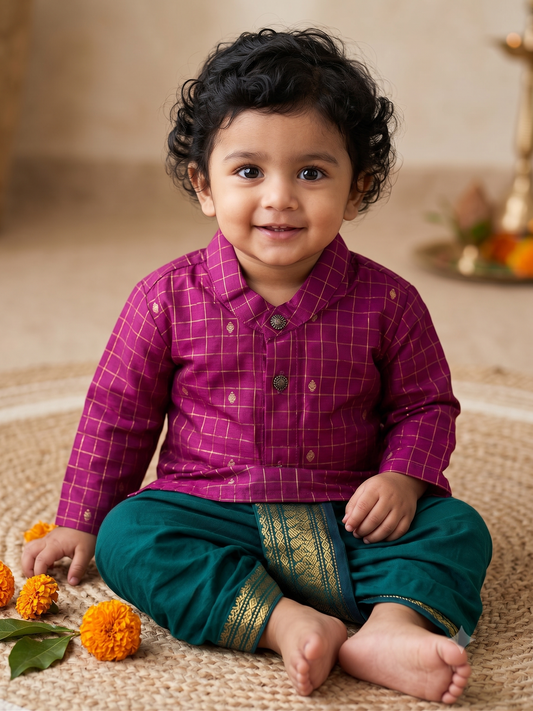 Pink with green reshme chowka Kurta Dhoti for baby boy - Festive Collection