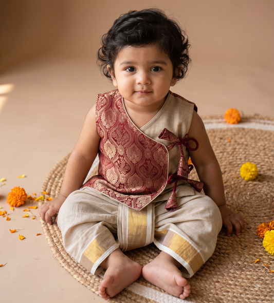 Maroon banarasi angrakha with traditional gold dhoti ethnic wear for baby boy