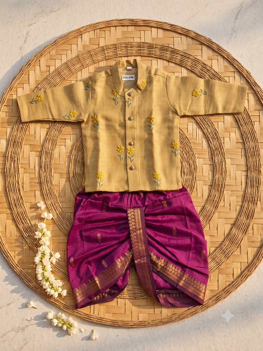 Pure Linen Pastel yellow with Wine Kurta Dhoti Ethnic Wear for baby boy