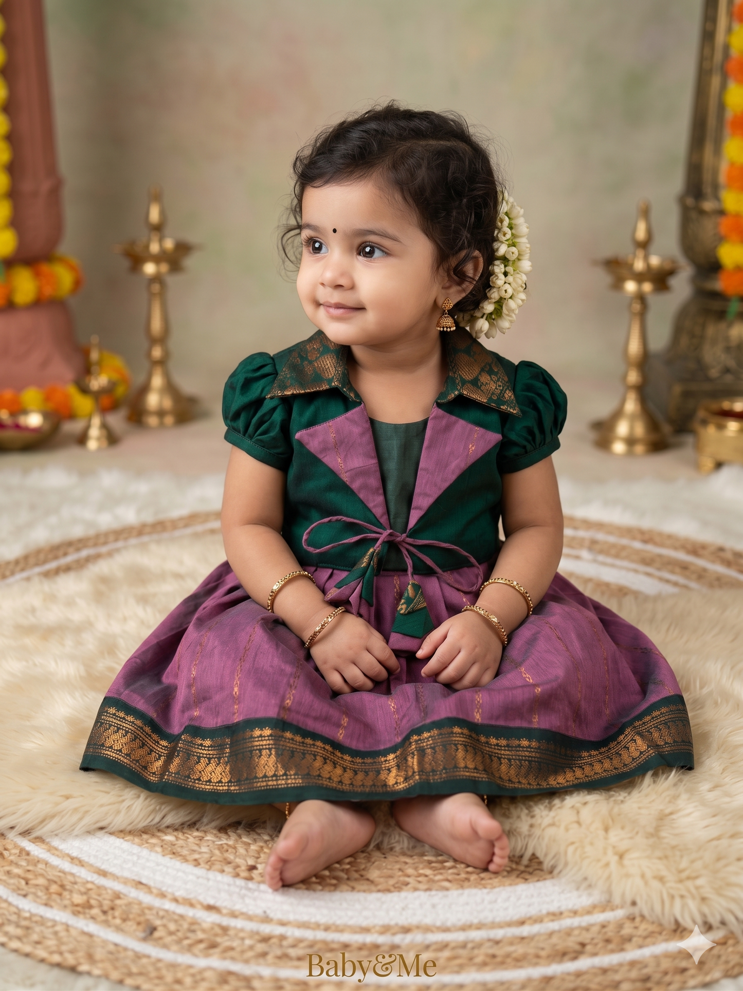 Lavender with bottle green jacket frock South Indian ethnic wear for baby girl