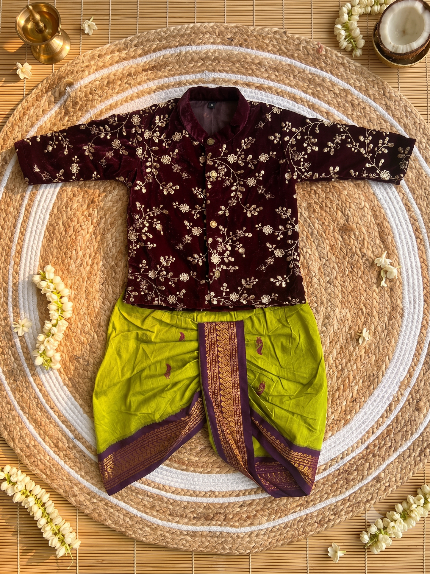 Velvet wine with Green Kurta Dhoti ethnic wear for baby boy