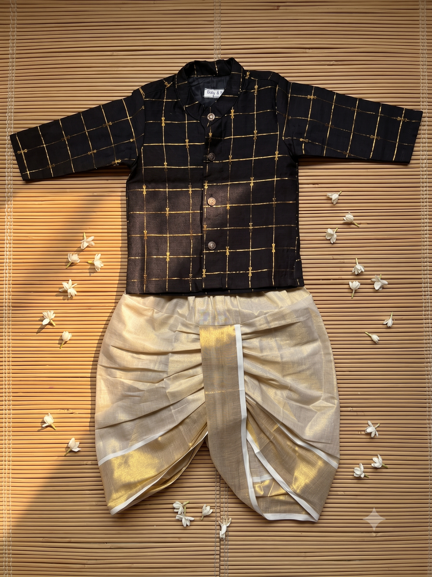 Black checks kurta and Gold Dhoti for Boys – Traditional Ethnic Wear for Baby Boy