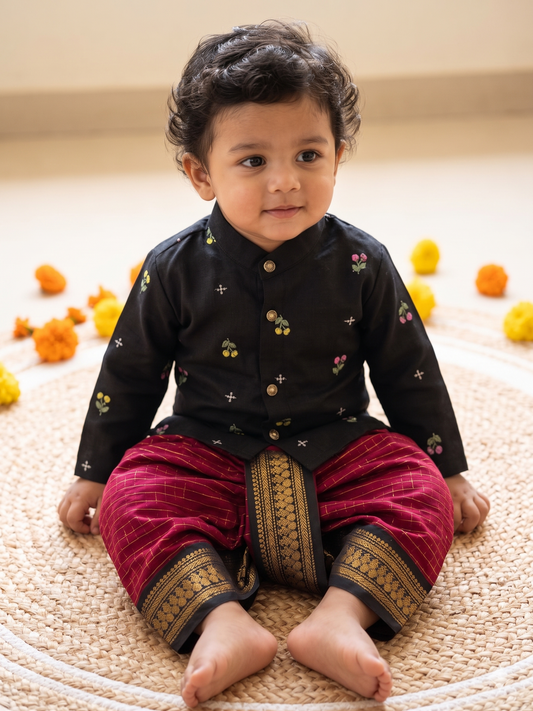 Pure Linen Black Kurta with Maroon with black border Dhoti for baby boy