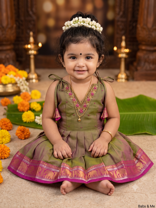 Saraswati - Kanchi border green handloom cotton sleeveless heritage frock for baby girl