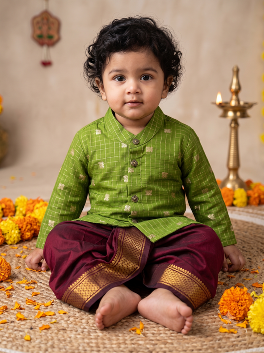 Green with maroon reshme chowka Kurta Dhoti for baby boy - Festive Collection