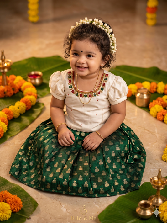 White embroided blouse and bottle green langa south indian ethnic wear