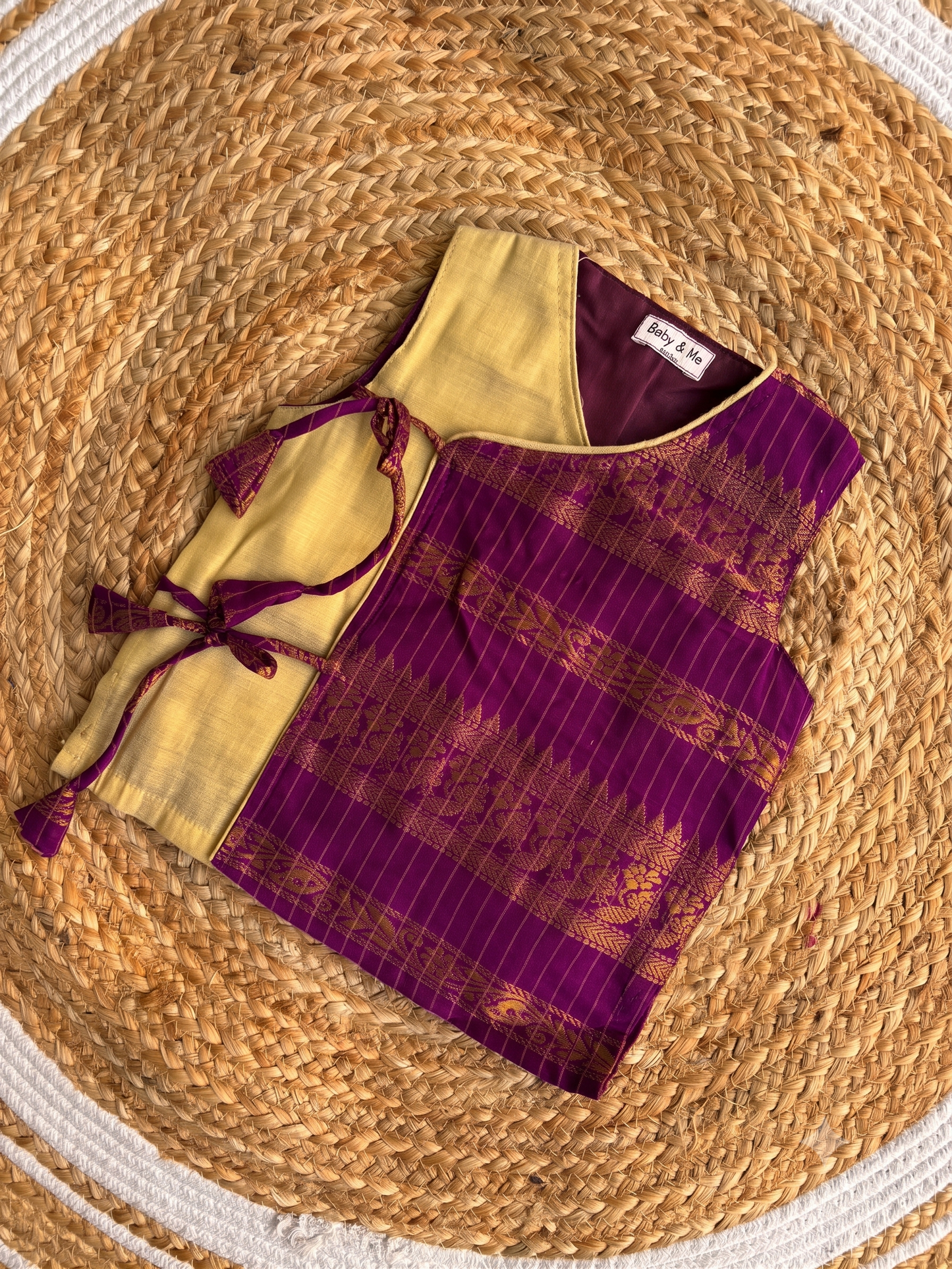 Wine checks with gold angrakha cotton silk kurta top baby boy ethnic wear