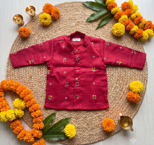 Red linen Kurta for baby boy ethnic top wear
