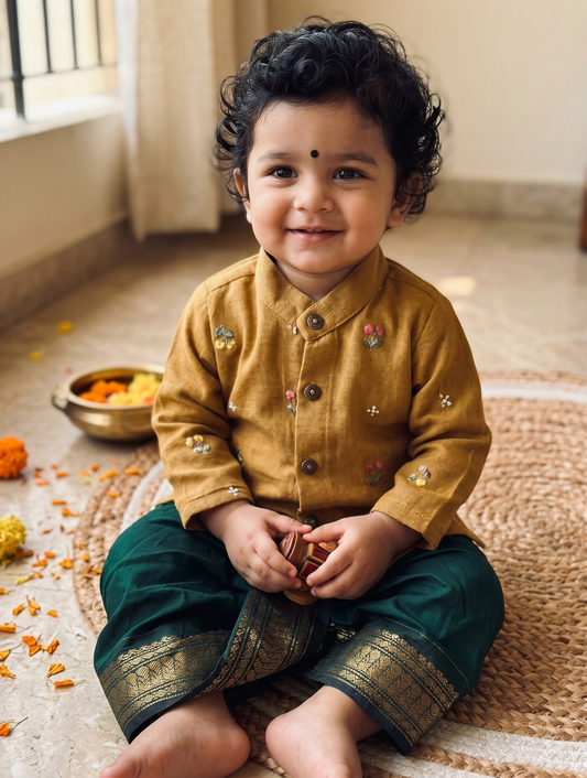 Pure Linen mustard yellow Kurta with green Dhoti for baby boy