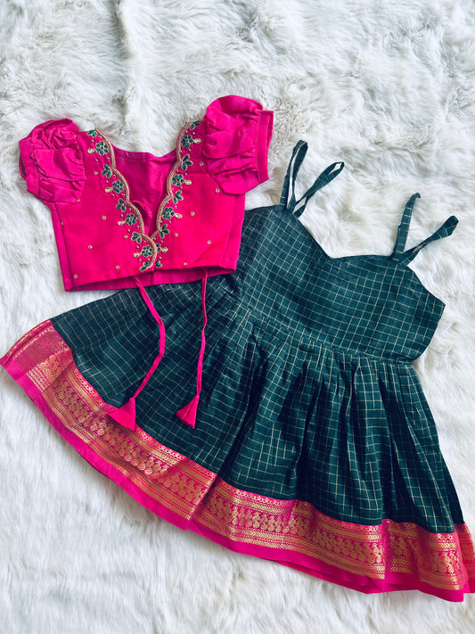 Traditional green and pink checked langa jacket ethnic wear for baby girl