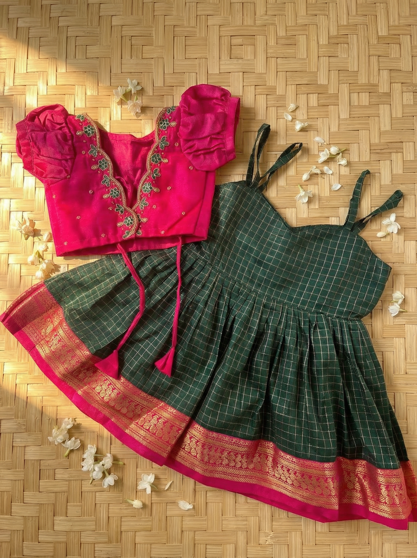 Dark green and pink checked sleeveless frock and embroideried jacket ethnic wear for baby girl