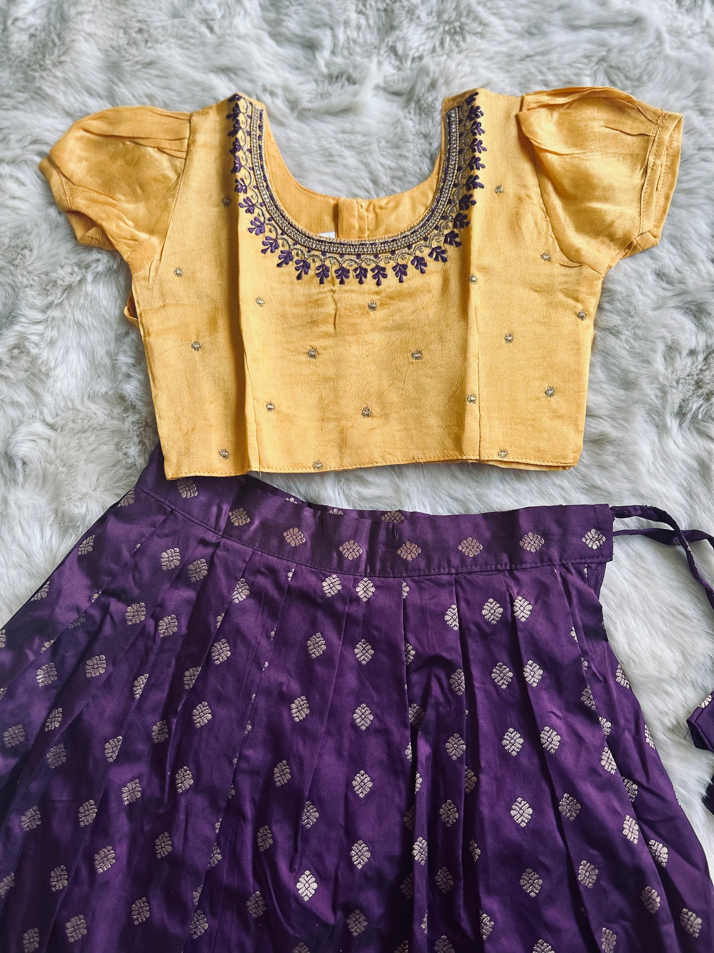 Mango yellow with wine'ish - purple silk south indian ethnic wear langa blouse for baby girl