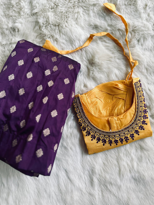 Mango yellow with wine'ish - purple silk south indian ethnic wear langa blouse for baby girl