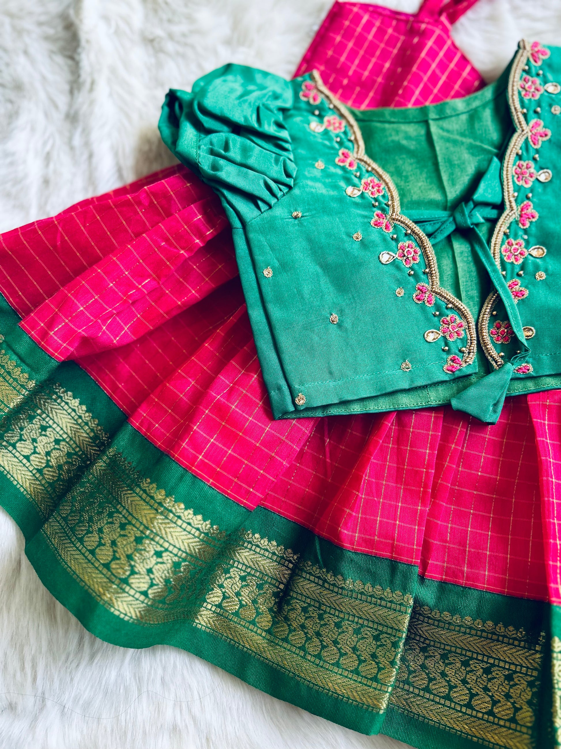 Festive Pink and Green checked langa jacket ethnic wear for baby girl
