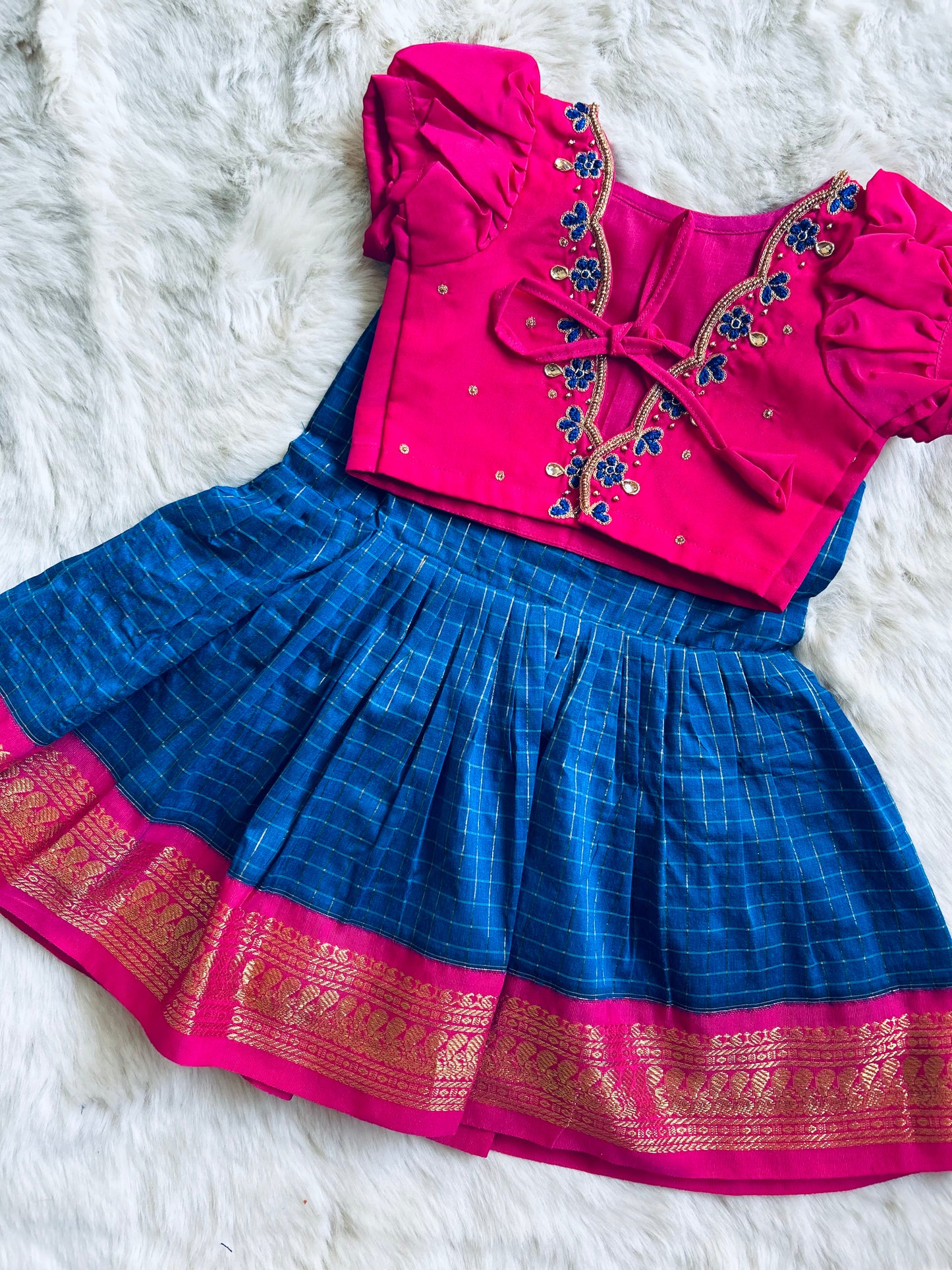 Blue and pink border checked langa jacket ethnic wear for baby girl