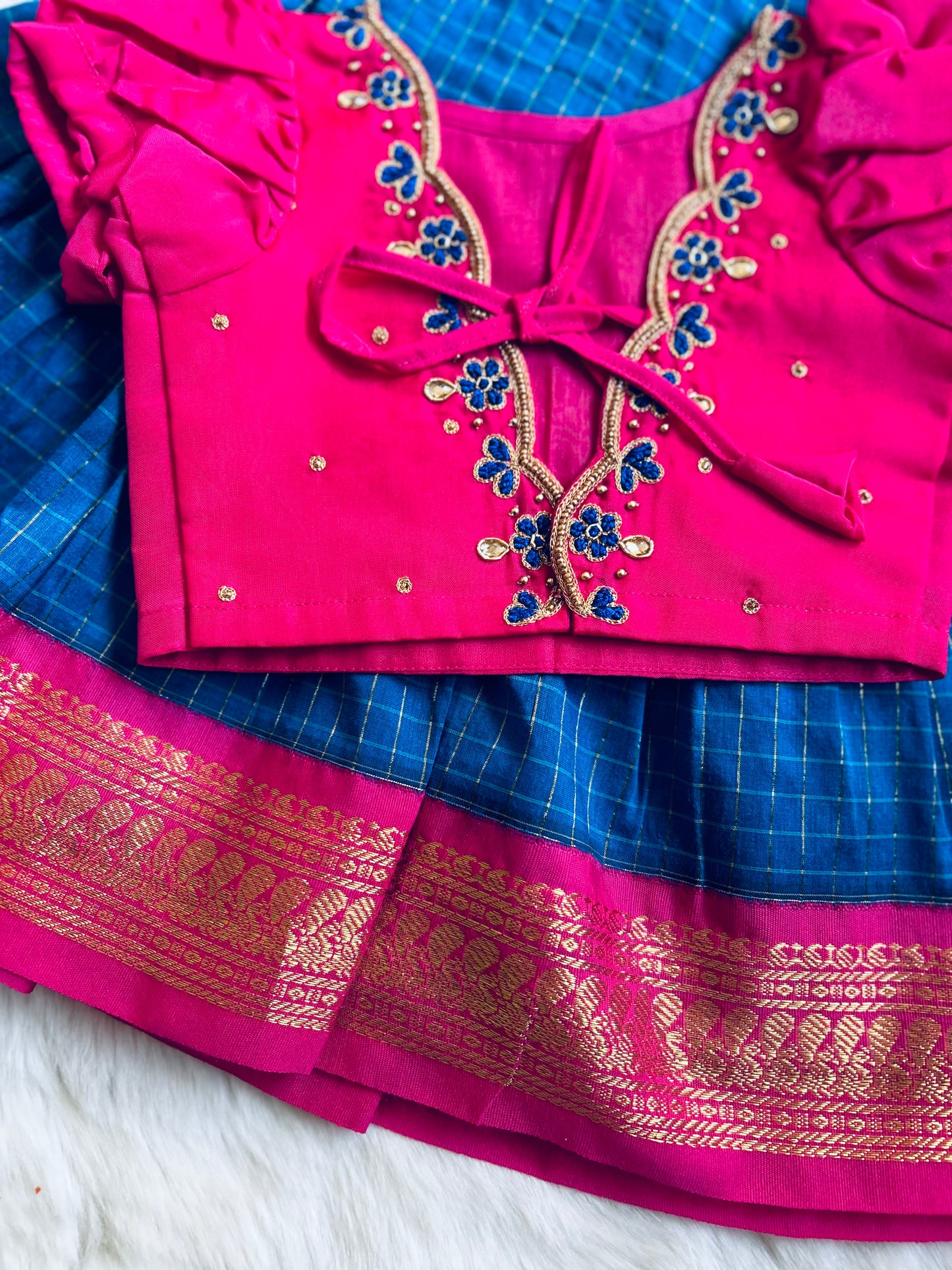 Blue and pink border checked langa jacket ethnic wear for baby girl