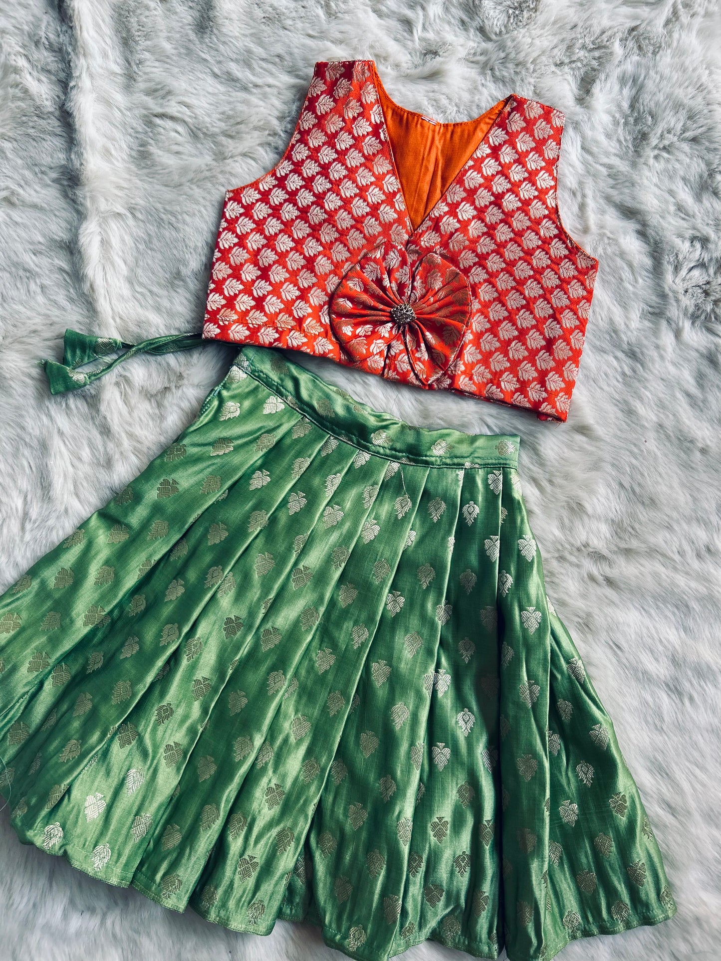 Orange and green Banarasi designer bow blouse ethnic wear for baby girl