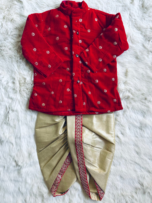 Velvet red and gold color kurta dhoti ethnic wear for baby boy