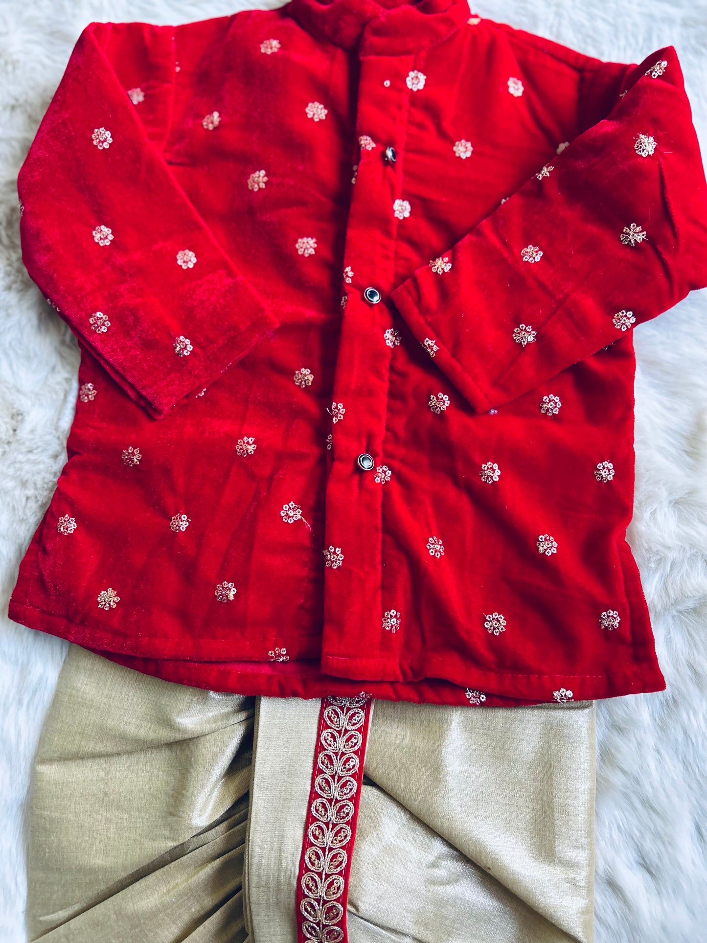 Velvet red and gold color kurta dhoti ethnic wear for baby boy