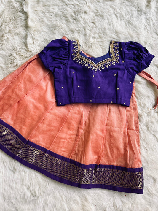 Peach with purple silk south indian ethnic wear langa blouse for baby girl