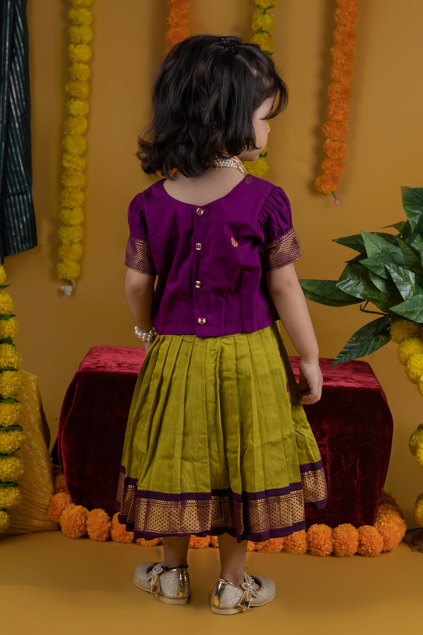 Green and wine traditional langa blouse embroidered zari border dress for baby girl