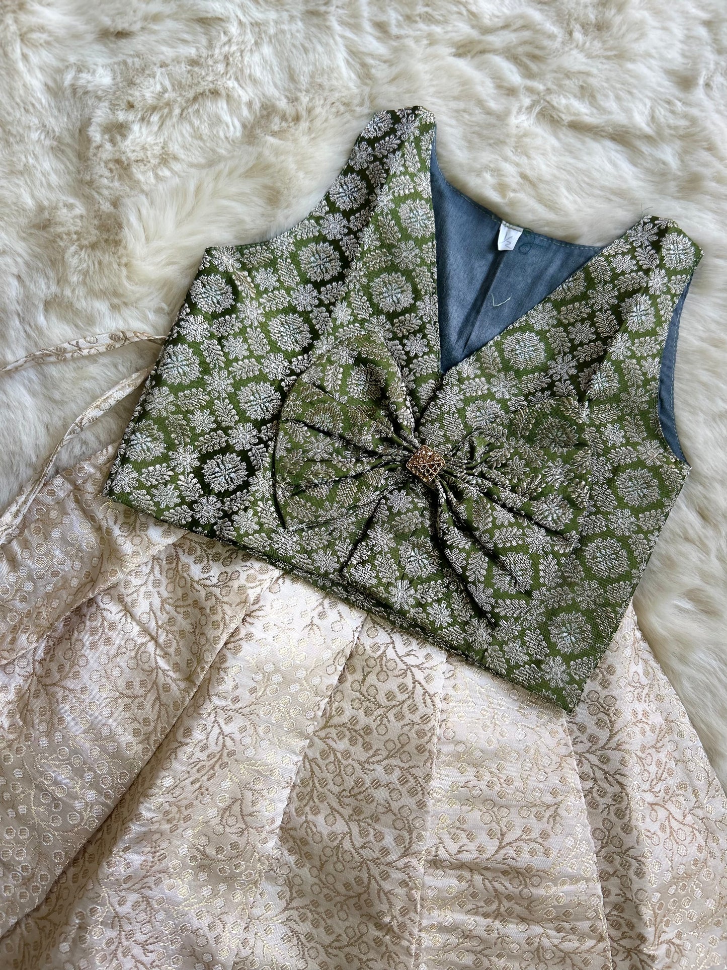 Cream and Olive green premium silk designer bow langa blouse for baby girl