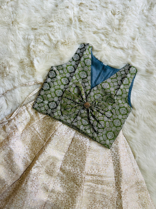 Cream and Olive green premium silk designer bow langa blouse for baby girl