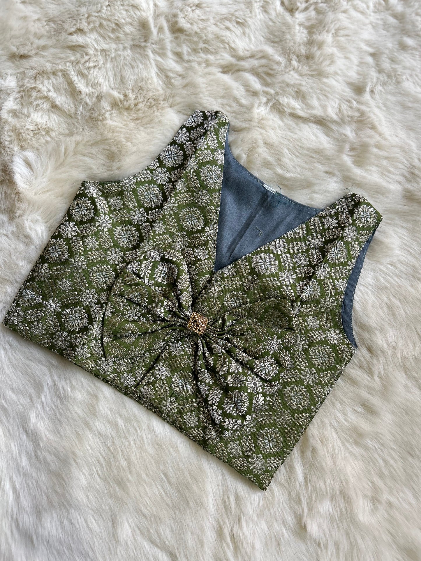 Cream and Olive green premium silk designer bow langa blouse for baby girl