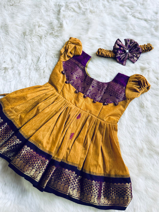 Mustard and wine ethnic frock for baby girl