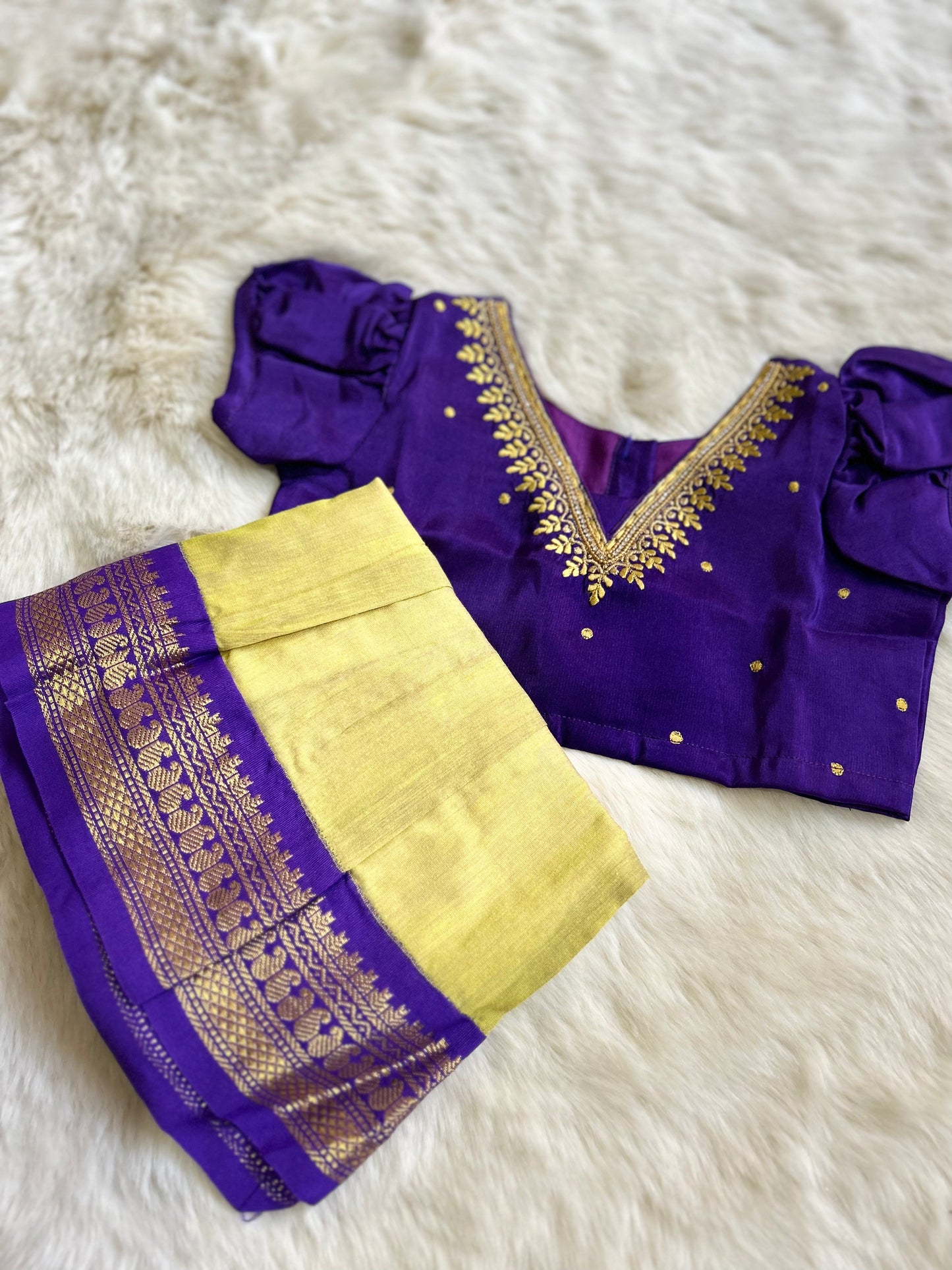 Embroidered purple blouse with lemon yellow silk langa for baby girl