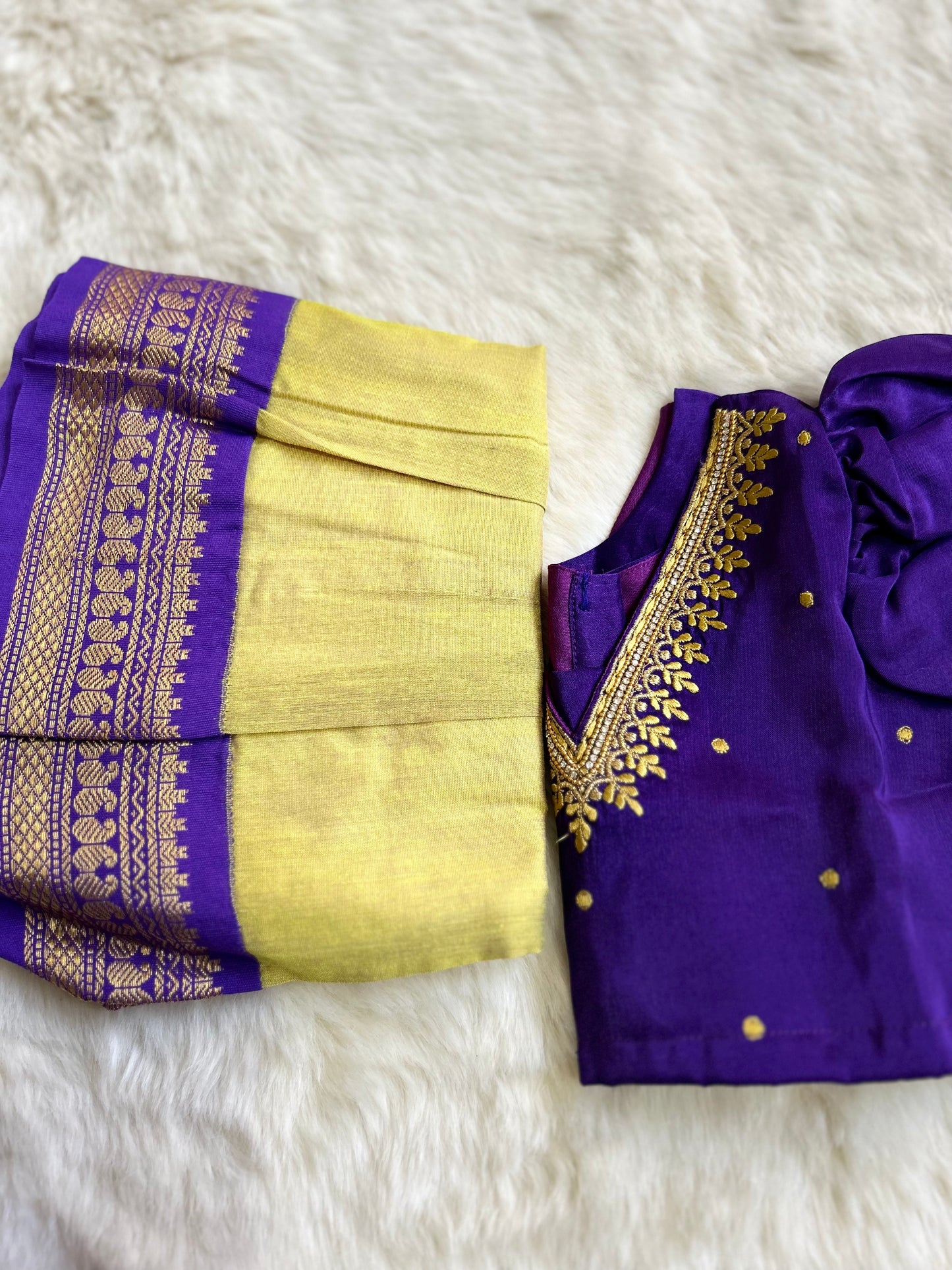 Embroidered purple blouse with lemon yellow silk langa for baby girl