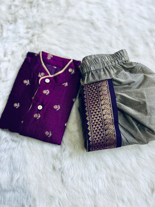 Grey and wine embroidered kurta dhoti ethnic dress for baby boy