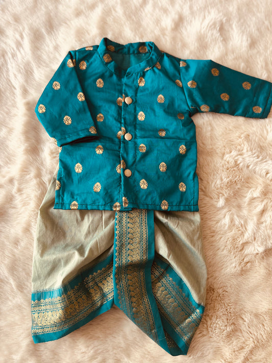 Aqua green shades Semi Silk Baby Boy Kurta Dhoti Set