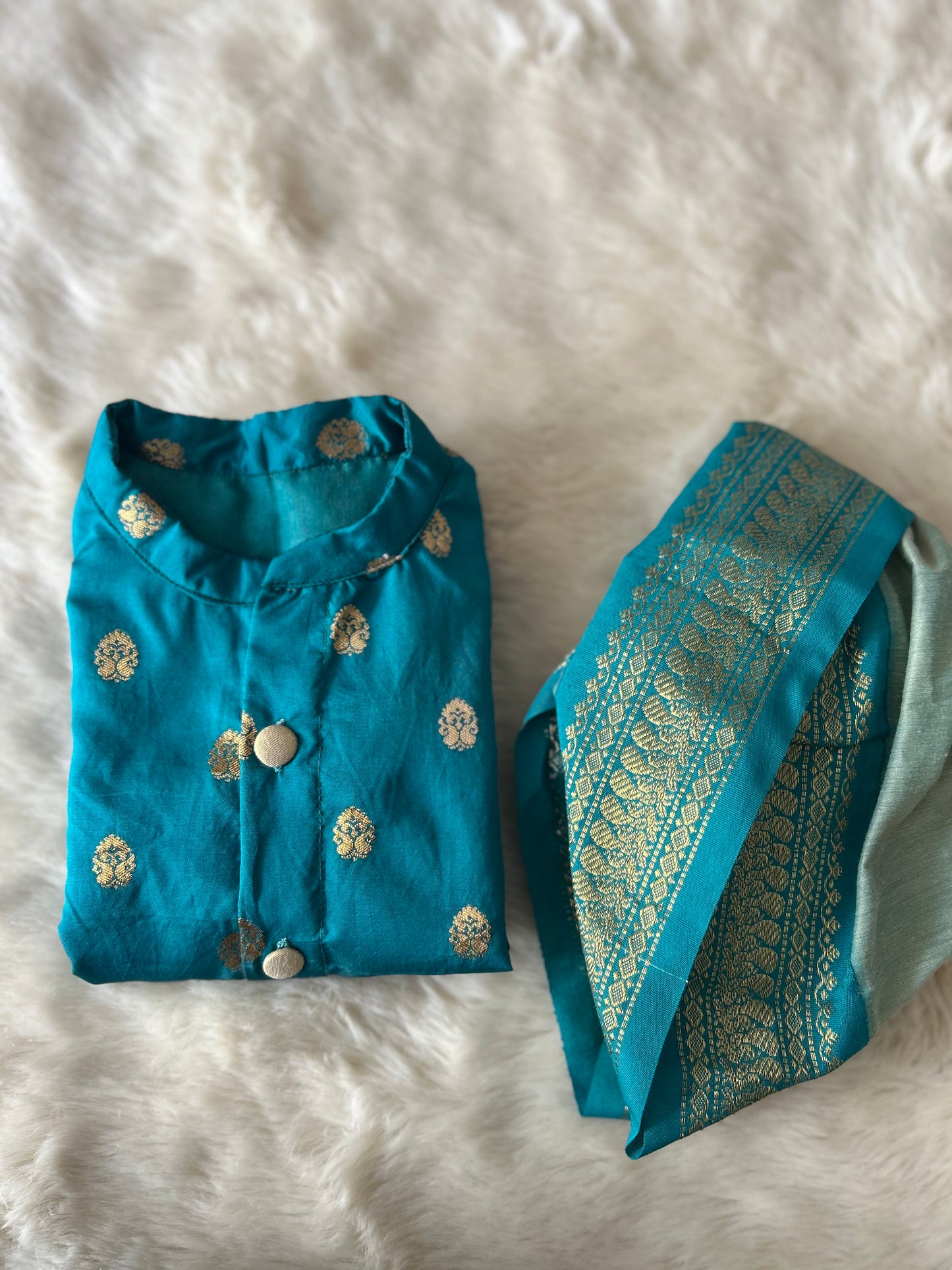 Aqua green shades Semi Silk Baby Boy Kurta Dhoti Set