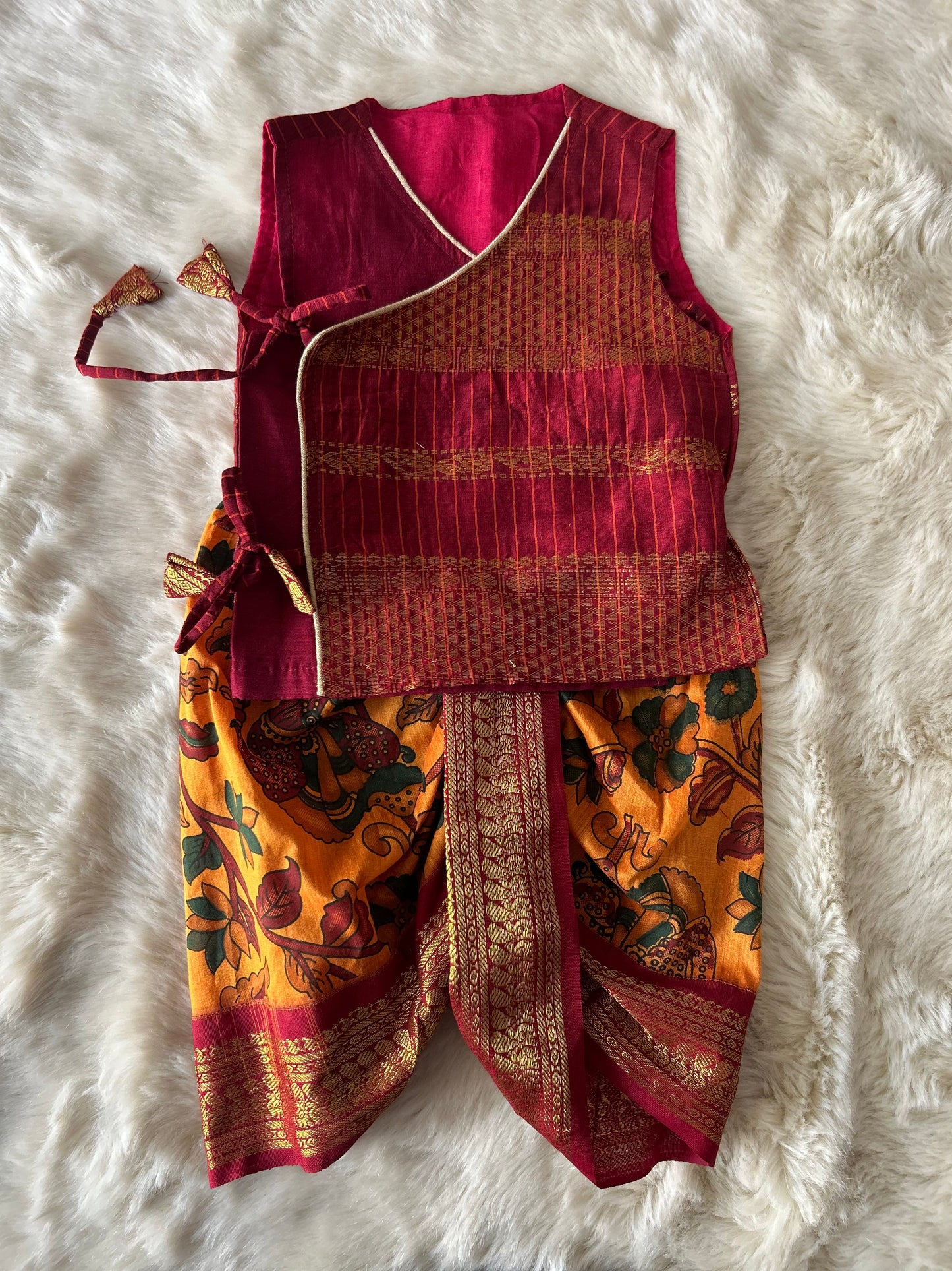 Maroon angrakha and kalamkari dhoti Cotton Silk Baby Boy Kurta Dhoti Set