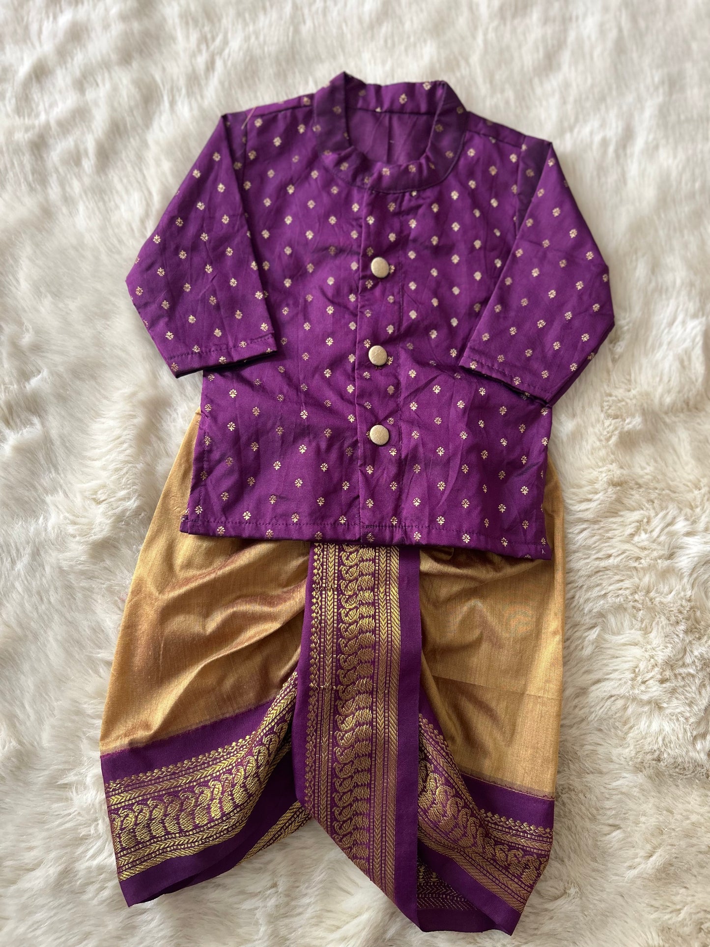 Wine with golden hue Kanchi Semi-Silk Baby Boy Kurta Dhoti Set