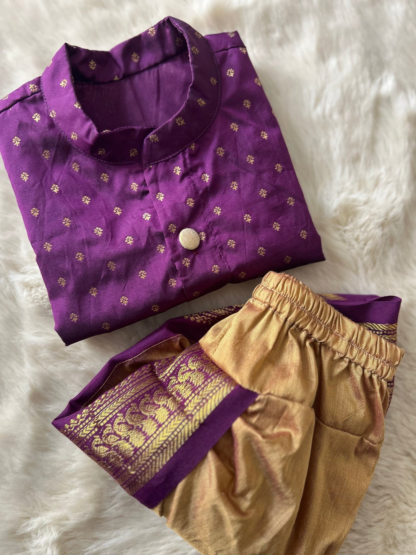 Wine with golden hue Kanchi Semi-Silk Baby Boy Kurta Dhoti Set