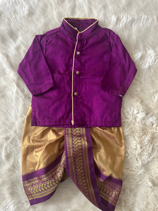 Wine with golden hue Cotton Silk Baby Boy Kurta Dhoti Set