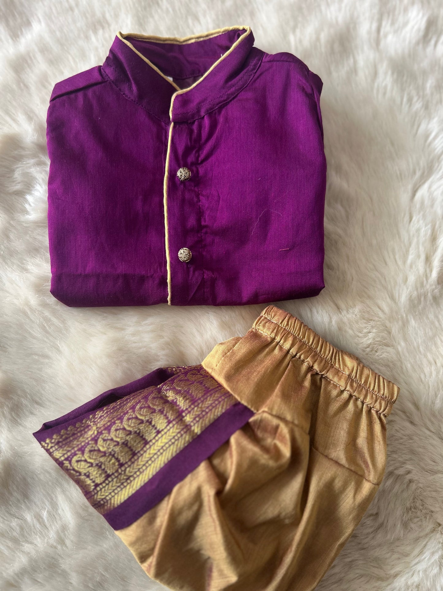 Wine with golden hue Cotton Silk Baby Boy Kurta Dhoti Set