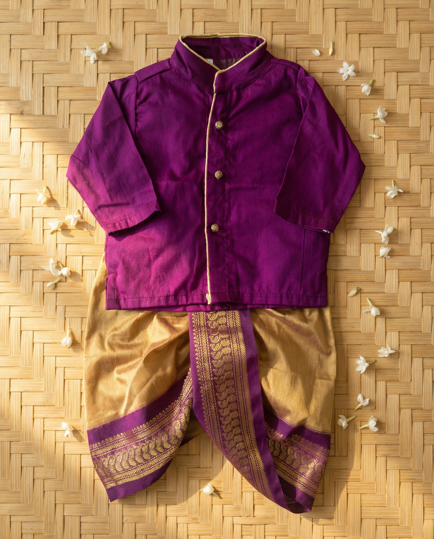 Wine with golden hue Cotton Silk Baby Boy Kurta Dhoti Set