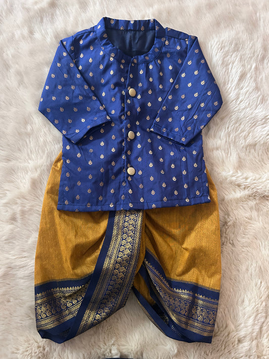 Blue with mustard yellow Cotton Silk Baby Boy Kurta Dhoti Set